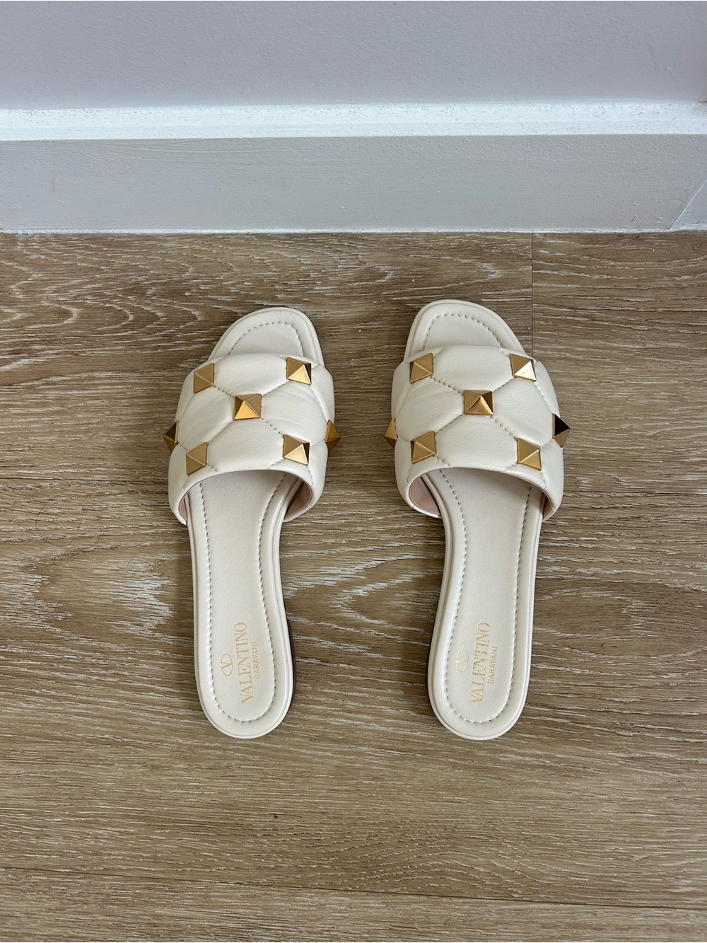 Valentino Garavani Ivory Quilted Slide Mules with Gold Rockstuds - Picture 3 of 3